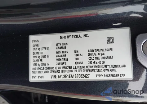 2025 Tesla Model 3 Long Range Rear-Wheel Drive/Standard Rear-Wheel Drive from USA, damaged, VIN 5YJ3E1EA1SF082427
